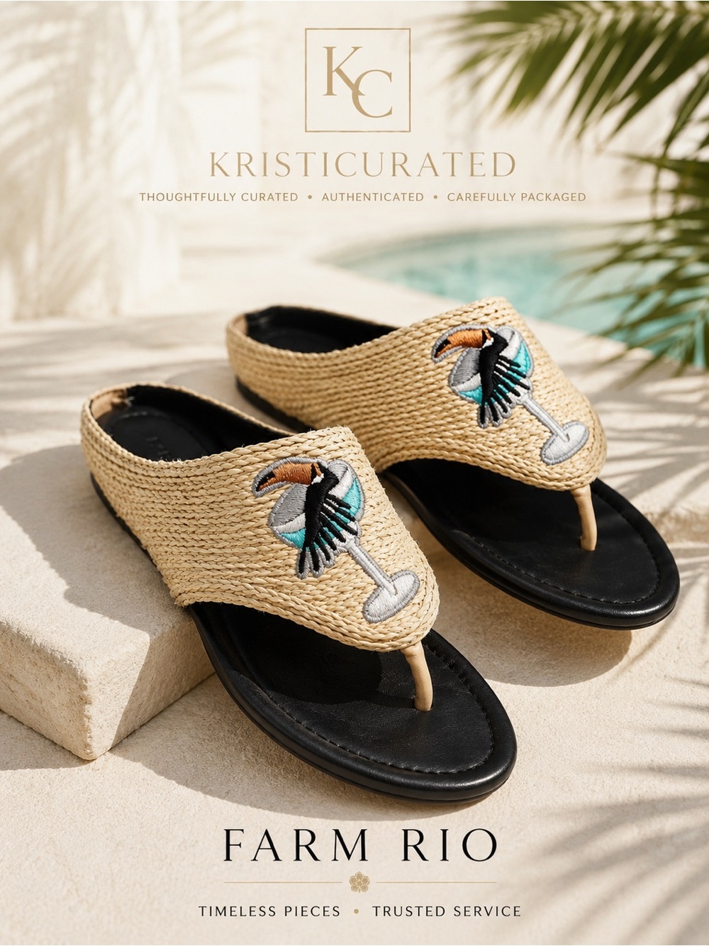 FARM Rio Icons Raffia Embroidered Toucan Sandals Tucan Black Size 8 NIB